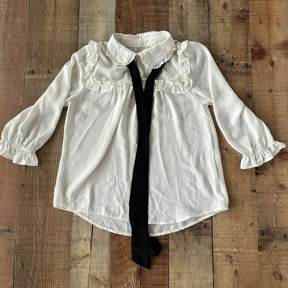 Ruffled White Blouse With Black Tie Collar Polyester Womens Sweater